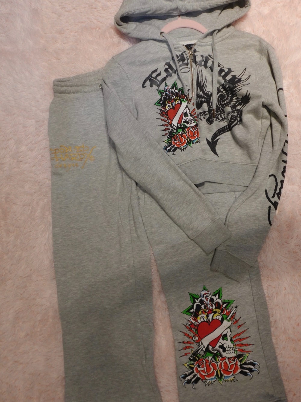 Ed Hardy SET Gray Graphic Hoodie & Sweatpants with Colorful Tattoo Art